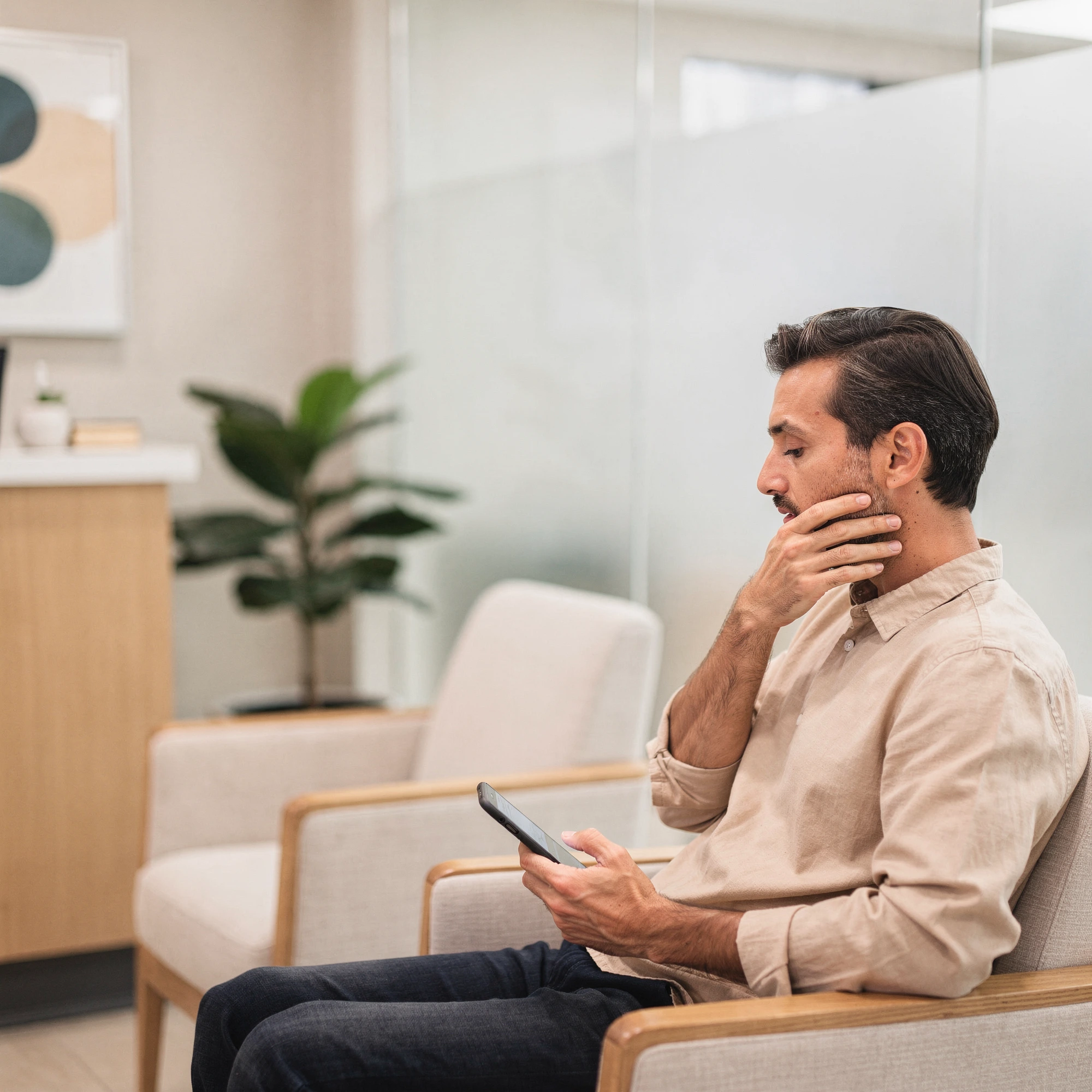 Man holding a tablet in a dental office waiting area, touching his cheek in discomfort